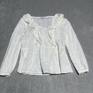 Madewell Top Womens‎ XS White Eyeletv Neck Ruffle Cottagecore